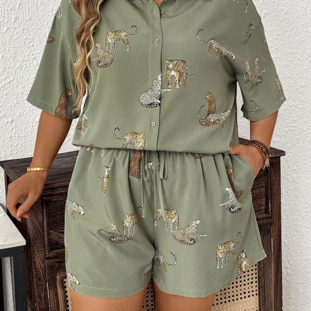 SHEIN Olive Animal Print Button-Up Romper
